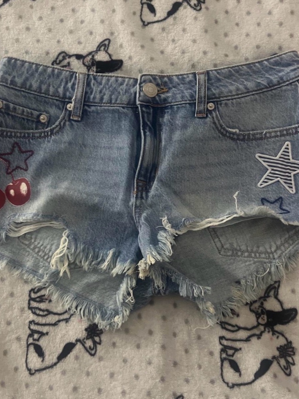 Aeropostale Light Blue Distressed Denim Shorts with Cherry & Star Patches